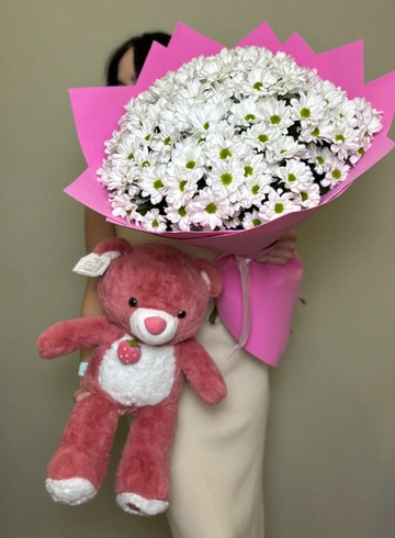 15 кустовых хризантем + мишка 50см от интернет-магазина цветов в Ижевске